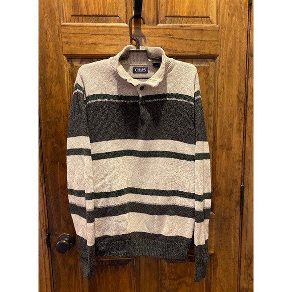 Chaps Men’s Sweater Size Large 100% Cotton Striped Heavy Knit EUC Tan & Gray - Picture 2 of 10